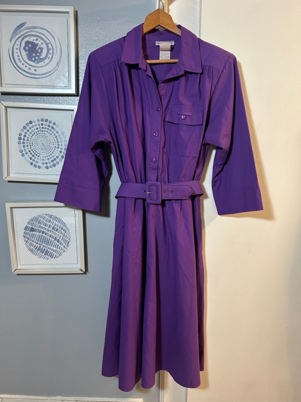 Vintage 80s Cabrais Purple Belted Midi Shirt Dress with Pockets Size 18